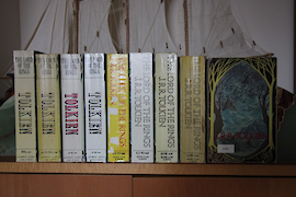 Bookshelf with nine one-volume copies of <span class="push-double"></span>​<span class="pull-double">“</span>The Lord of the Rings,” each illustrated by Pauline Baynes
