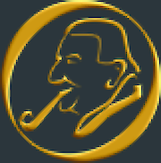 Hungarian Tolkien Society logo: the gold figure of a man’s head smoking a pipe, inside of a ring