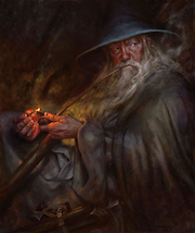 painting of Gandalf lighting a long-stemmed pipe