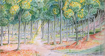 a detail of a path through the trees in Tolkien’s <span class="push-double"></span>​<span class="pull-double">“</span>The Forest of Lothlórien”