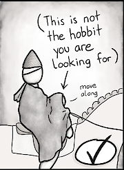 panel from <span class="push-double"></span>​<span class="pull-double">“</span>The Adventures of Stybba,” showing Merry hidden in Éowyn’s cloak, saying <span class="push-double"></span>​<span class="pull-double">“</span>This is not the hobbit you are looking for”