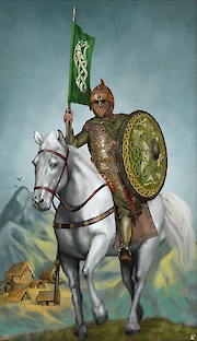 painting of an armored Rider of Rohan astride a white horse, with a village nestled under a mountain in the background